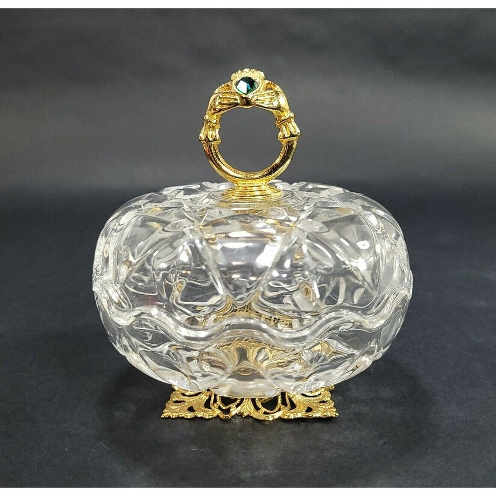 Killarney Crystal Ireland 22K Gold Trinket Dish w/Green Stone Claddagh Ring Lid